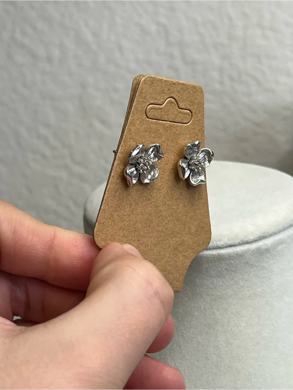 Vintage Signed Crown Trifari Silver Tone Dogwood Flower Stud Earrings